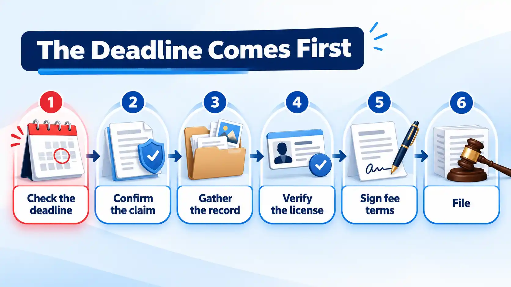 Six-step timeline from checking the deadline to filing, with claim, records, license, and fee terms in between.