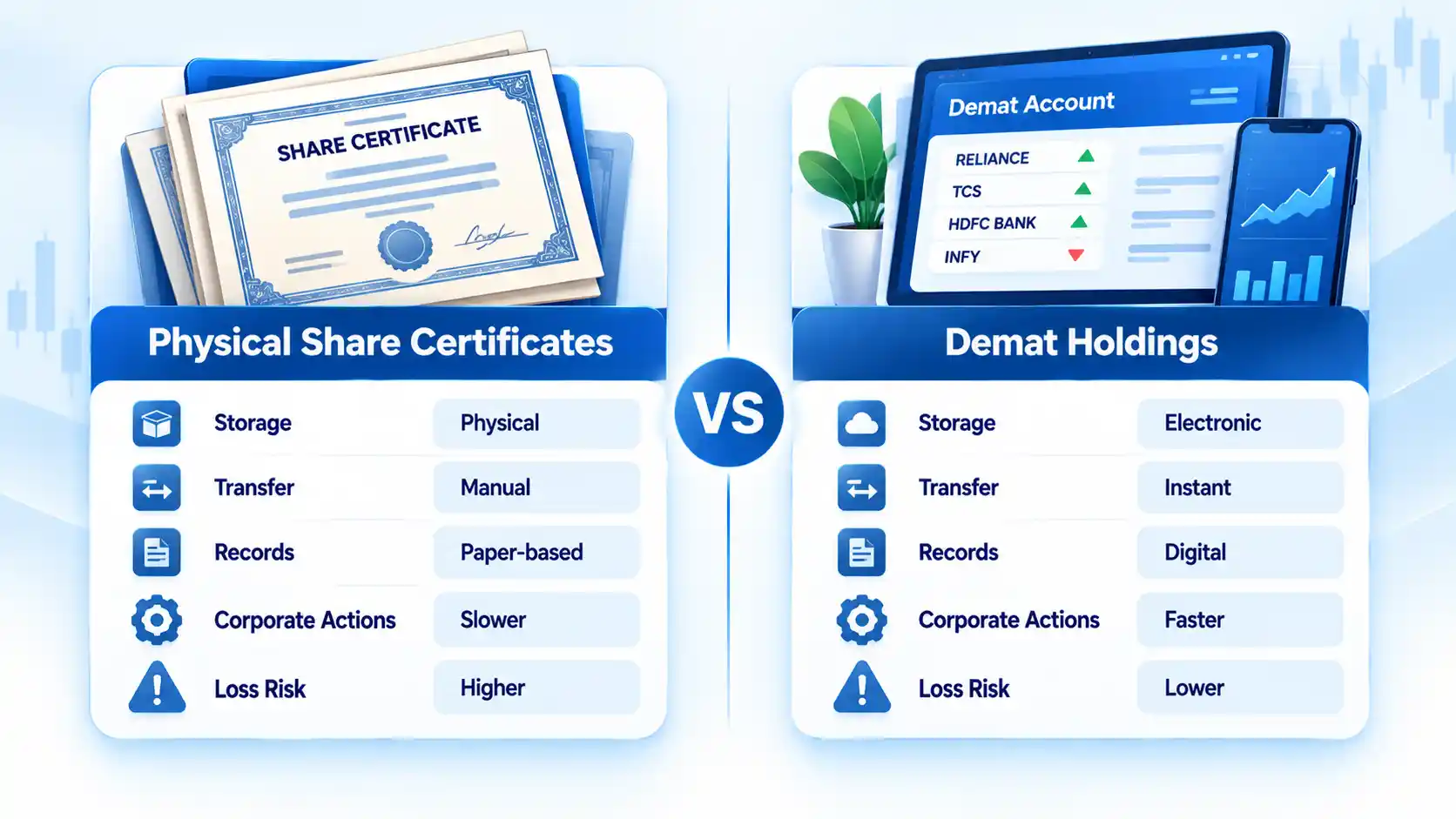 Physical Share Certificates and Demat Holdings compared by Storage, Transfer, Records, Corporate Actions, and Loss Risk.