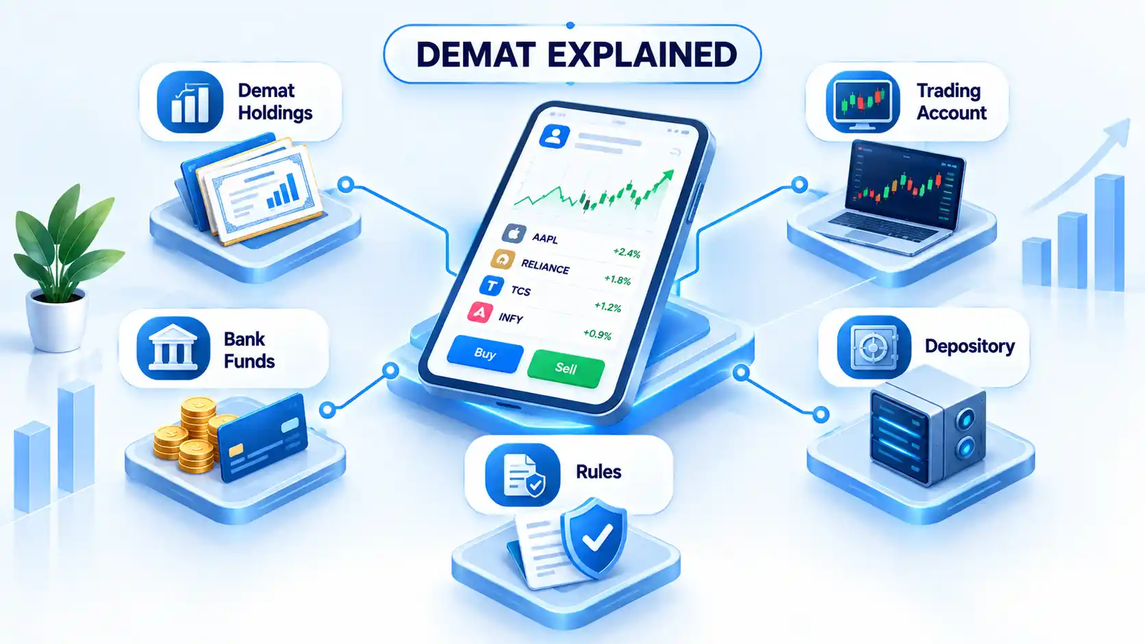 Demat portfolio linked to Demat Holdings, Trading Account, Bank Funds, Depository, and Rules.