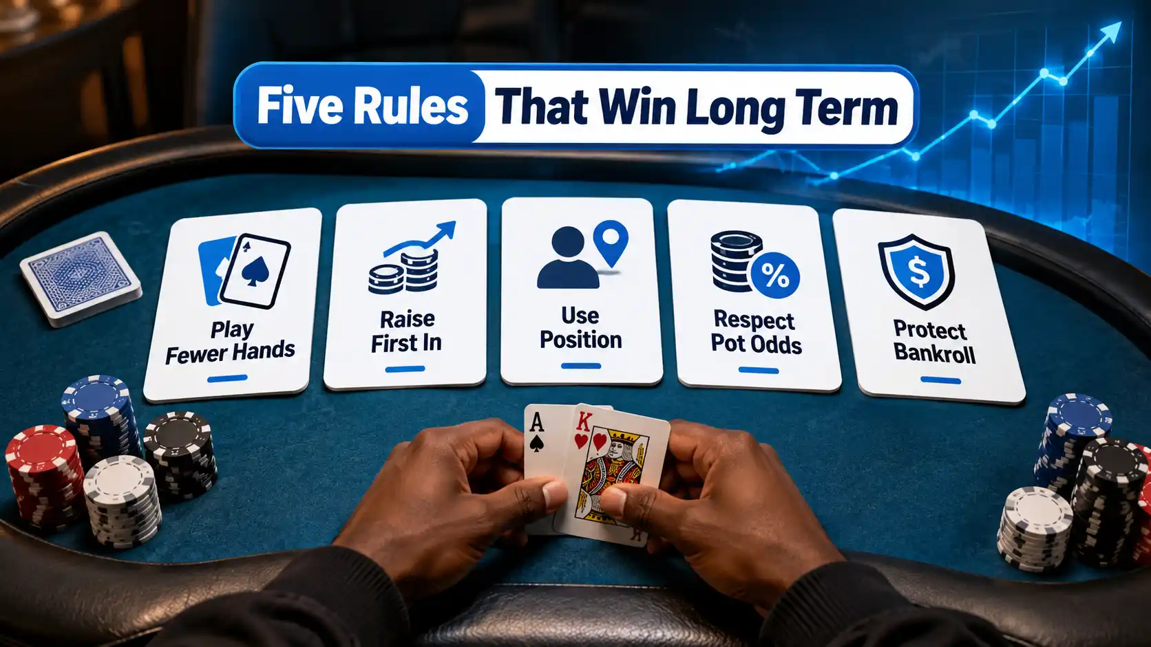 Poker table with five cards: Play Fewer Hands, Raise First In, Use Position, Respect Pot Odds, Protect Bankroll.