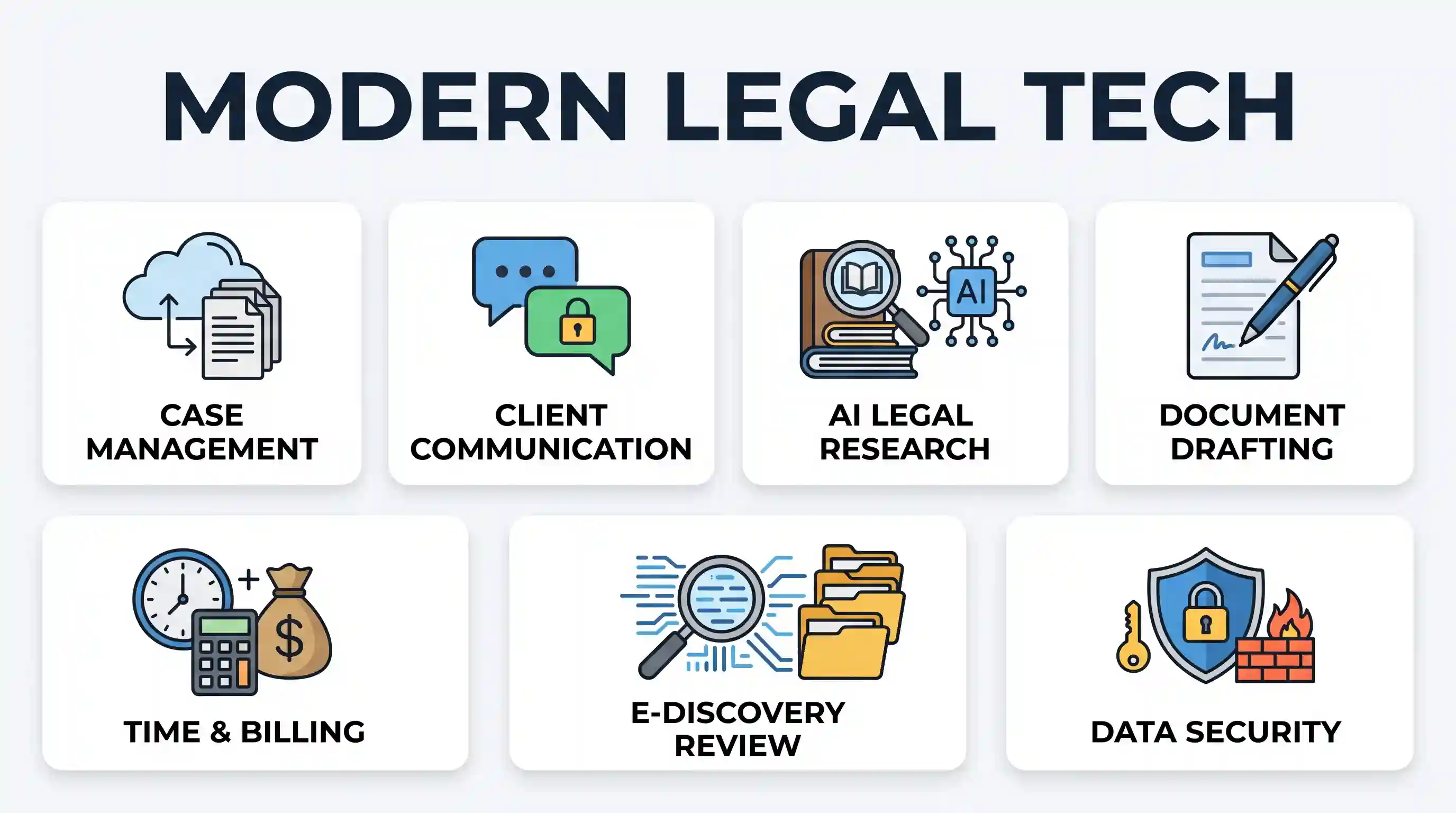 An infographic titled "MODERN LEGAL TECH" with seven cards: Case Management, Client Communication, AI Legal Research, Document Drafting, Time & Billing, E-Discovery Review, and Data Security.