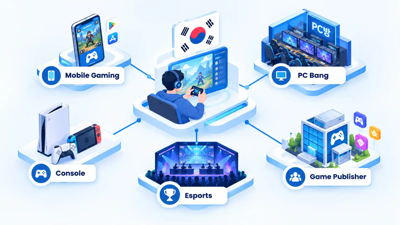 South Korean gaming ecosystem linking a player to Mobile Gaming, PC Bang, Console, Esports, and Game Publisher.