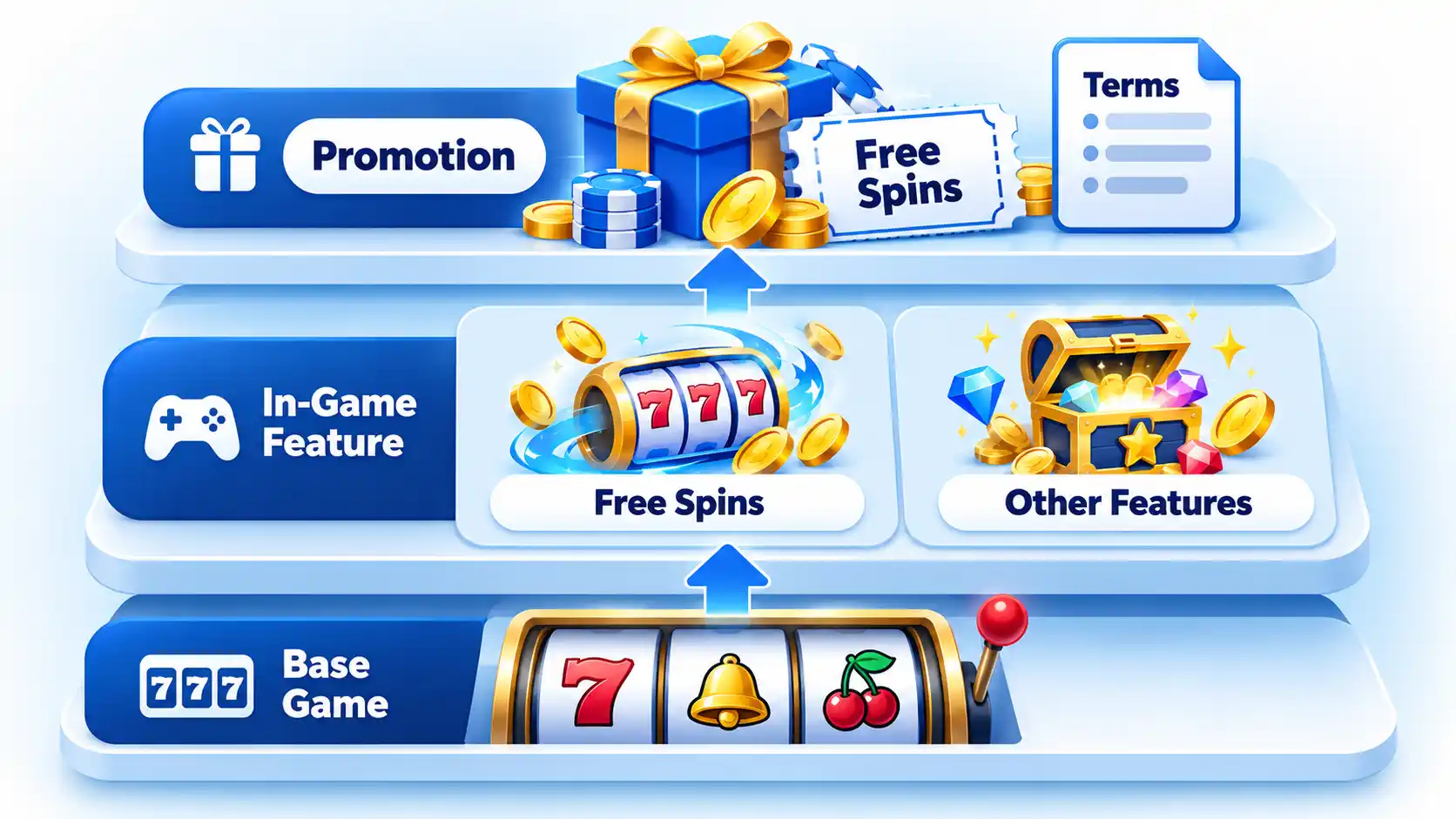 Layered system showing Base Game, In-Game Feature, Free Spins, Other Features, Promotion, and Terms.