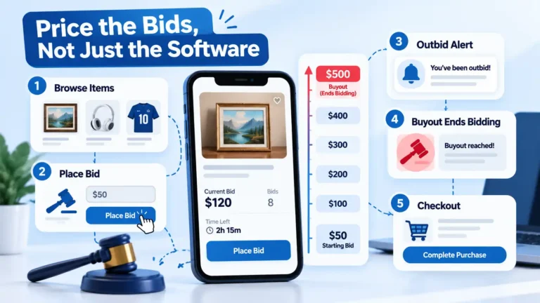 Silent auction infographic with smartphone bidding screen, $50ā$500 price ladder, outbid alert, buyout, and checkout.