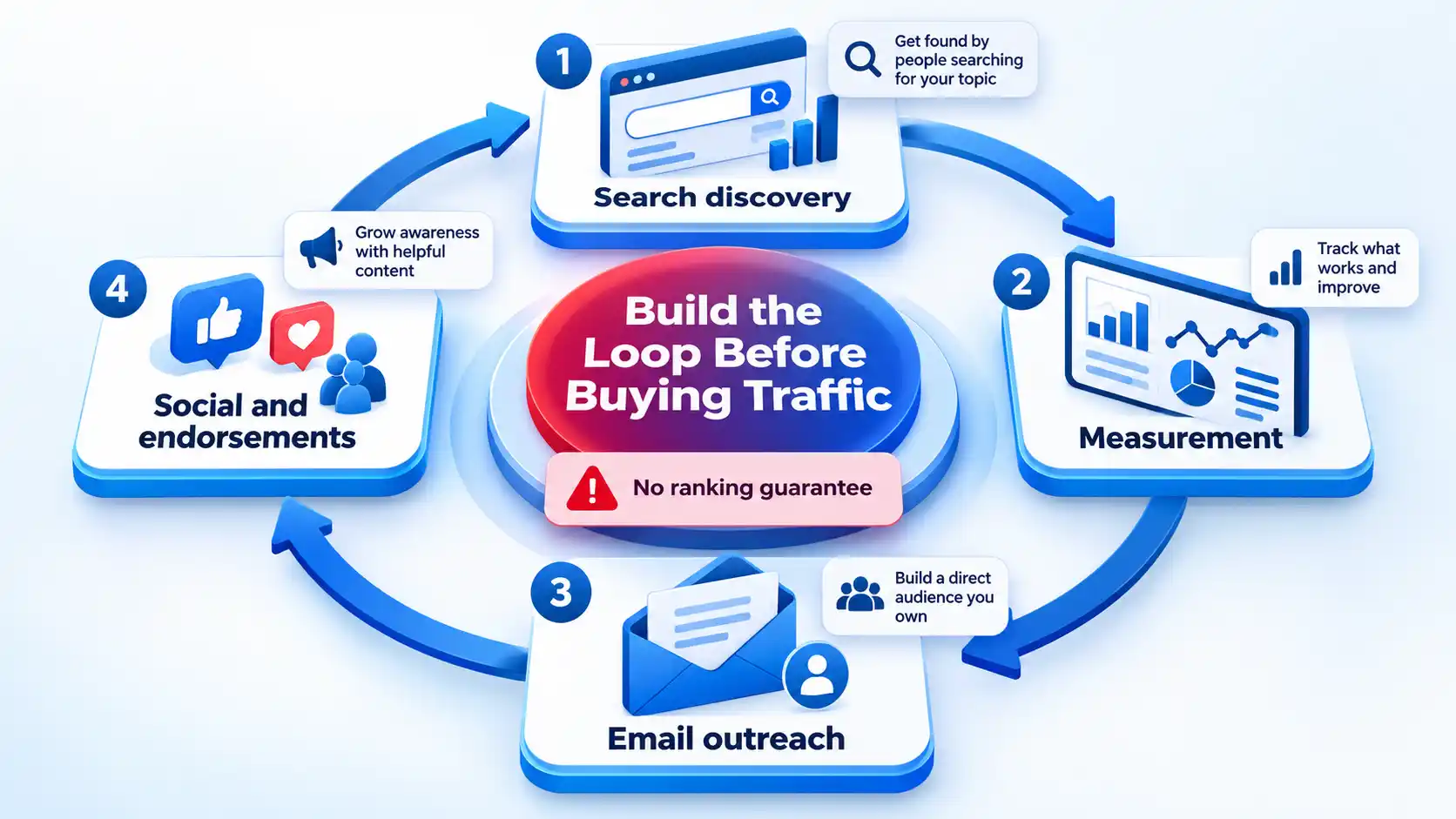 Isometric four-step marketing loop linking search, measurement, email and social, with a no ranking guarantee warning.