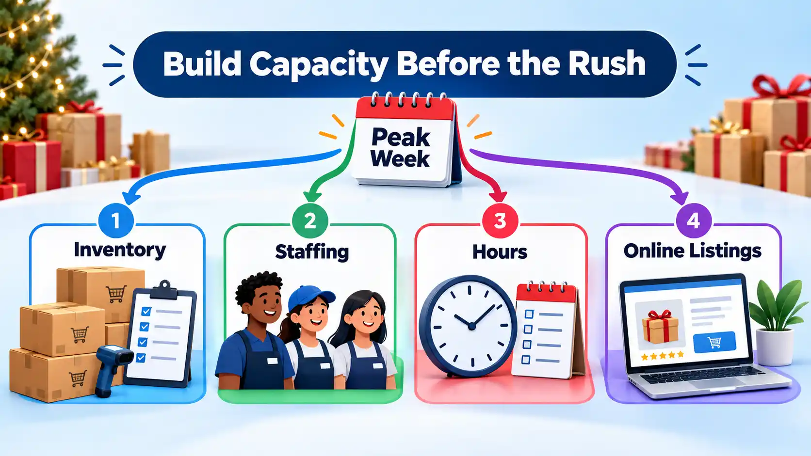 Holiday readiness dashboard linking Peak Week to Inventory, Staffing, Hours, and Online Listings. Filename: small-businesses-pre