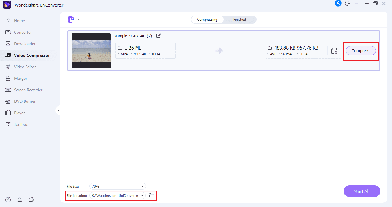 Wondershare UniConverter Video Compressor tab