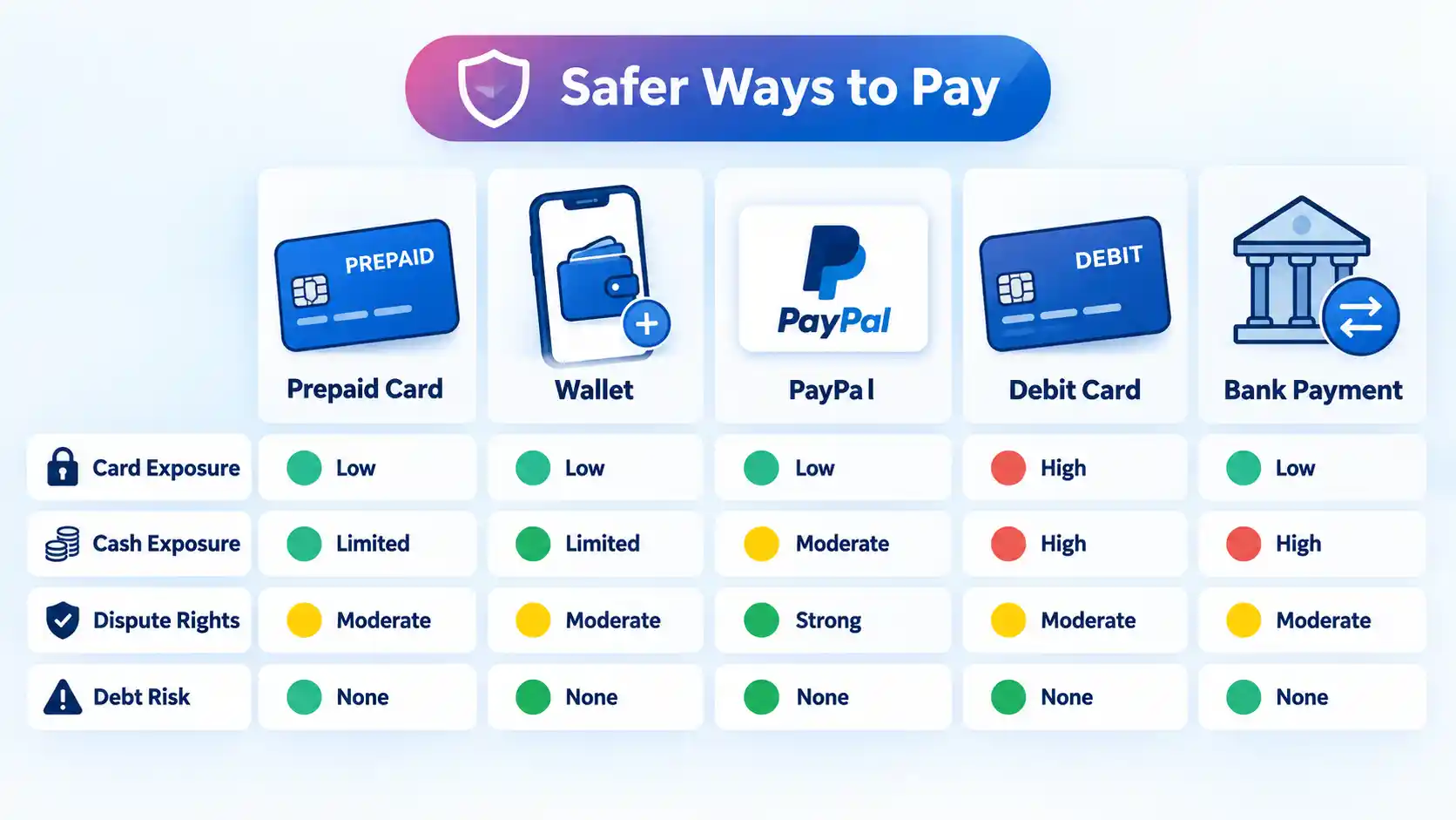 Safer Ways to Pay matrix comparing prepaid, wallet, PayPal, debit, and bank payment across four risk criteria.