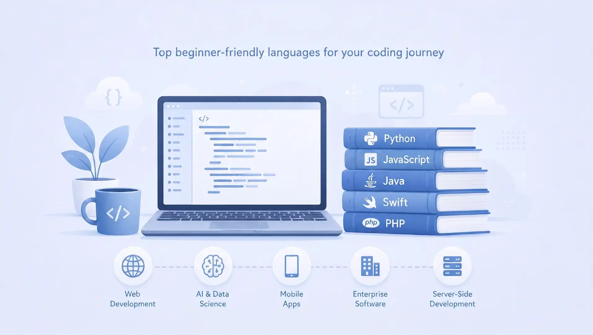 An illustration on a light-blue background showing a laptop with code on the screen, surrounded by a desk plant, a mug, and a stack of five books labeled Python, JavaScript, Java, Swift, and PHP. Below the laptop are five circular icons representing Web Development, AI & Data Science, Mobile Apps, Enterprise Software, and Server-Side Development.