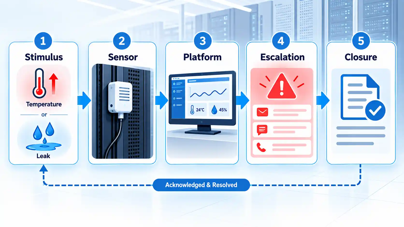 Five-step alarm flow labeled Stimulus, Sensor, Platform, Escalation, and Closure with acknowledgment loop.