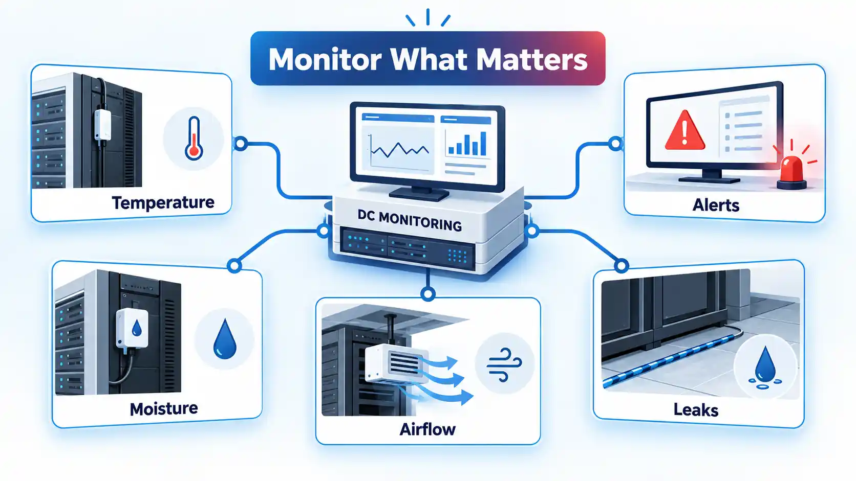 Monitoring hub linked to Temperature, Moisture, Airflow, Leaks, and Alerts cards under Monitor What Matters.