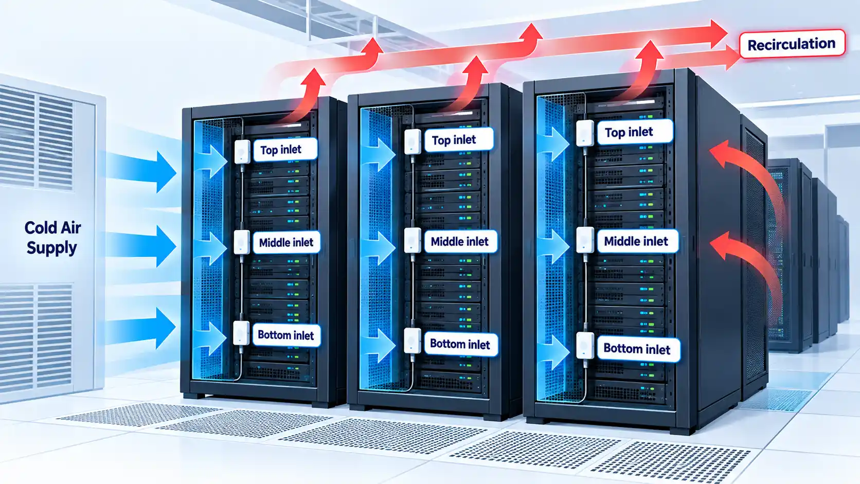 Three server racks with top, middle, and bottom inlet probes, cold-air arrows, and hot-air Recirculation.