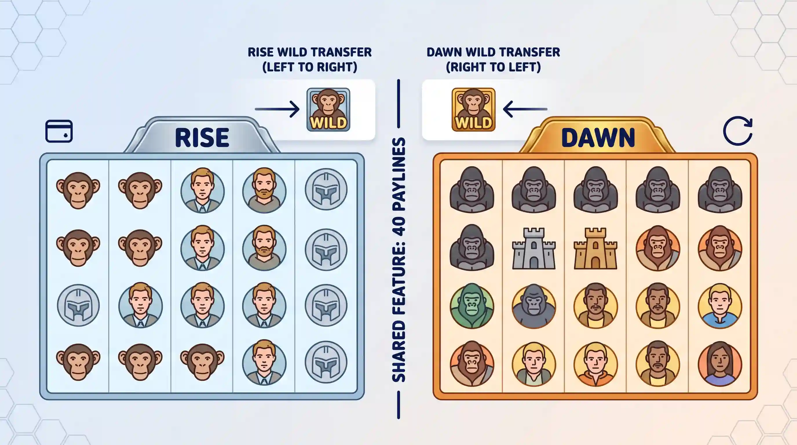 An illustrative diagram of a split-screen interface simulating the Planet of the Apes slot, divided vertically into a left 'Rise' and right 'Dawn' 5x3 matrix. The central vertical line is labeled 'SHARED FEATURE: 40 PAYLINES'. Arrows above the grids explain 'RISE WILD TRANSFER (LEFT TO RIGHT)' and 'DAWN WILD TRANSFER (RIGHT TO LEFT)', showing how wild symbols can move between the matrices. The entire scene uses bold, rounded navy blue fonts and thin-stroke line art icons on a clean background.