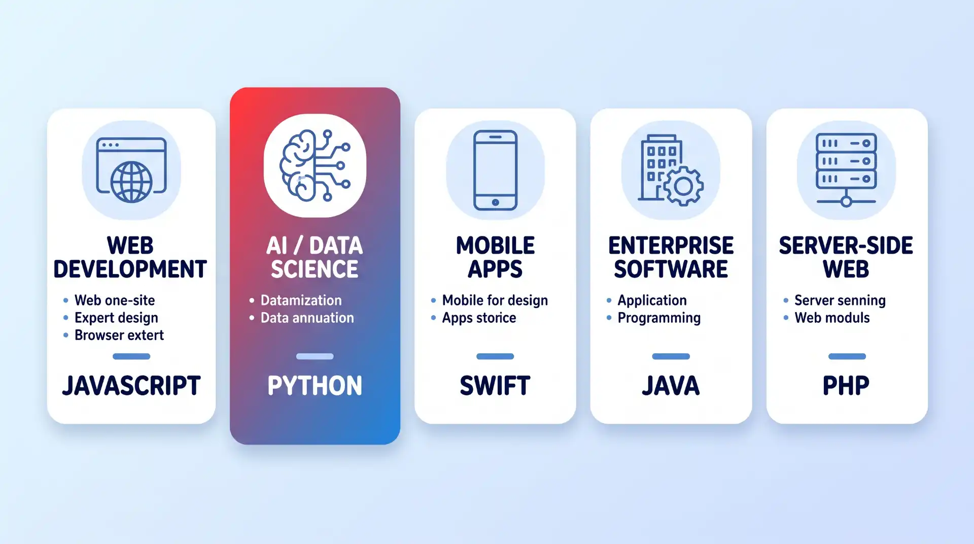 A clean diagram comparing five programming languages across five columns (JavaScript, Python, Swift, Java, PHP), each showing a primary application like Web, AI, or Mobile.