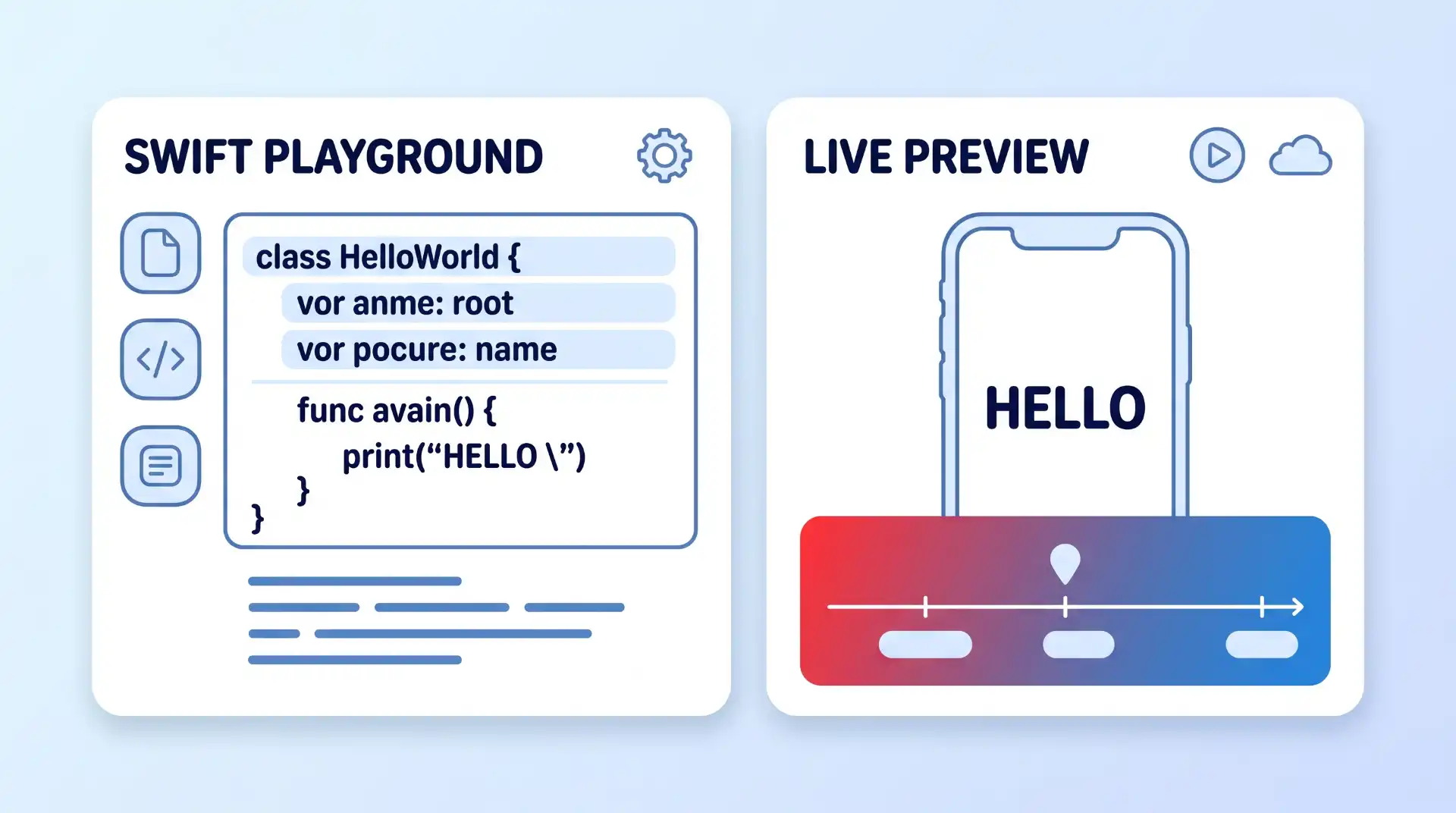 An illustrative diagram of the Swift Playgrounds interface showing code on the left and live visual output on a simulated device on the right.