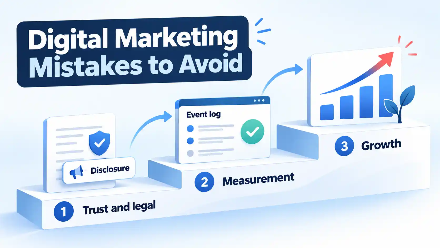 Three ascending steps labeled Trust and legal, Measurement, and Growth, featuring Disclosure, Event log, and a growth chart.