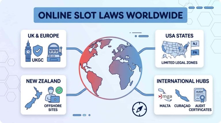 Online slot laws worldwide infographic showing UK and Europe, USA states, New Zealand offshore sites, and international hubs such as Malta and Curaçao.