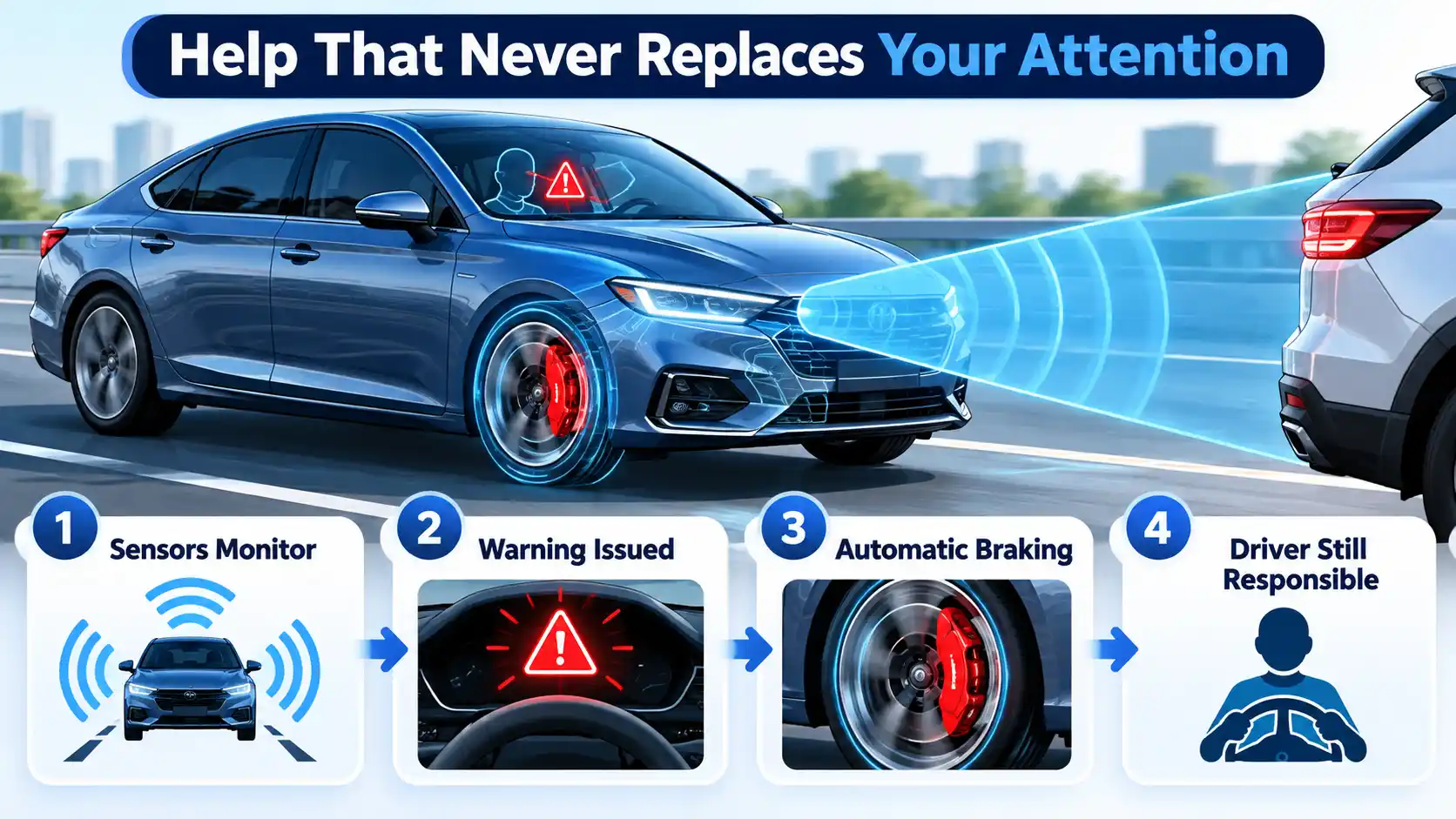 Blue car detects a vehicle ahead, warns the driver and brakes automatically, with four labeled safety stages.