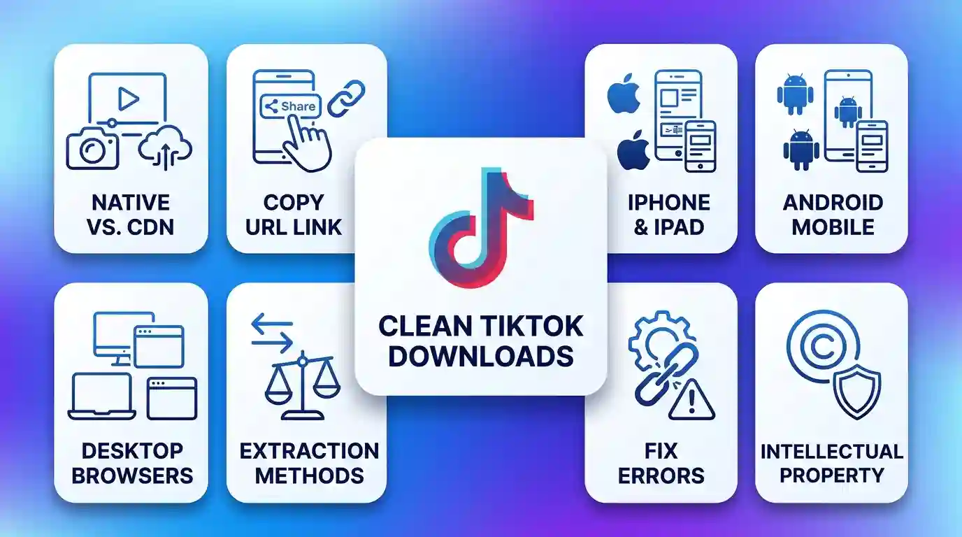 A modern blog feature image in a structured grid layout with eight white rounded cards surrounding a central square element. The central white square features the TikTok musical note logo in a red-to-blue duotone gradient, above the navy blue geometric sans-serif text "CLEAN TIKTOK DOWNLOADS." The surrounding eight white cards use clean line icons and navy blue labels to represent the article's subtopics: "NATIVE VS. CDN," "COPY URL LINK," "IPHONE & IPAD," "ANDROID MOBILE," "DESKTOP BROWSERS," "EXTRACTION METHODS," "FIX ERRORS," and "INTELLECTUAL PROPERTY." The background is a smooth mesh gradient of light blue, deep blue, and violet.