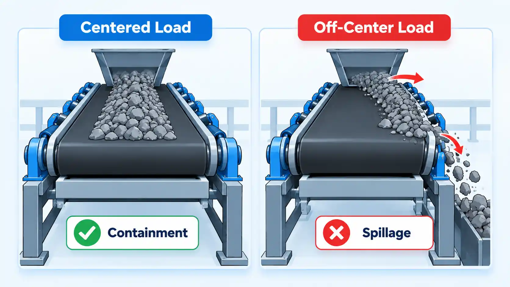 Centered Load with Containment compared with Off-Center Load causing conveyor edge Spillage.
