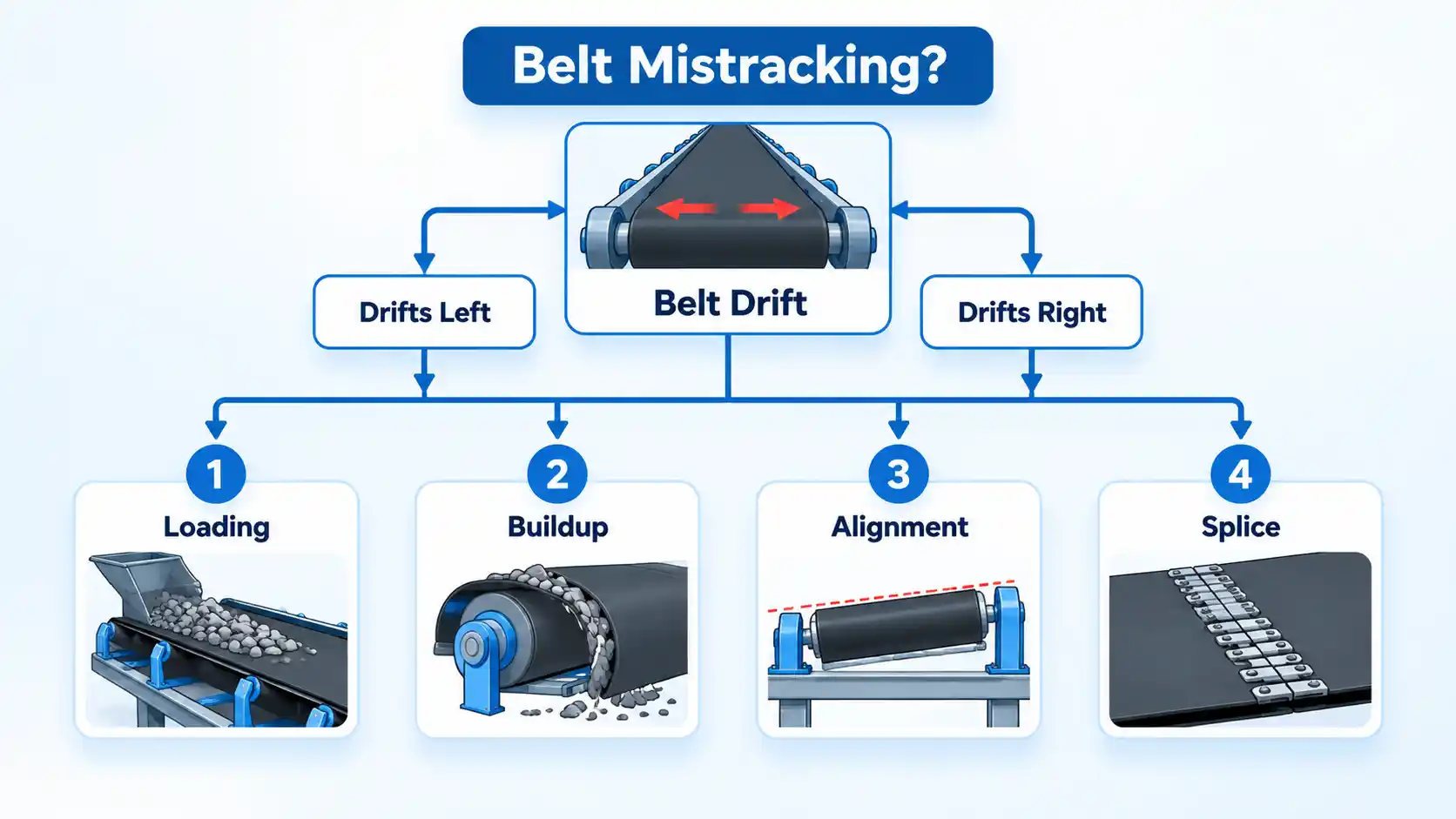 Belt Drift flowchart branching to Loading, Buildup, Alignment, and Splice checks for conveyor mistracking.