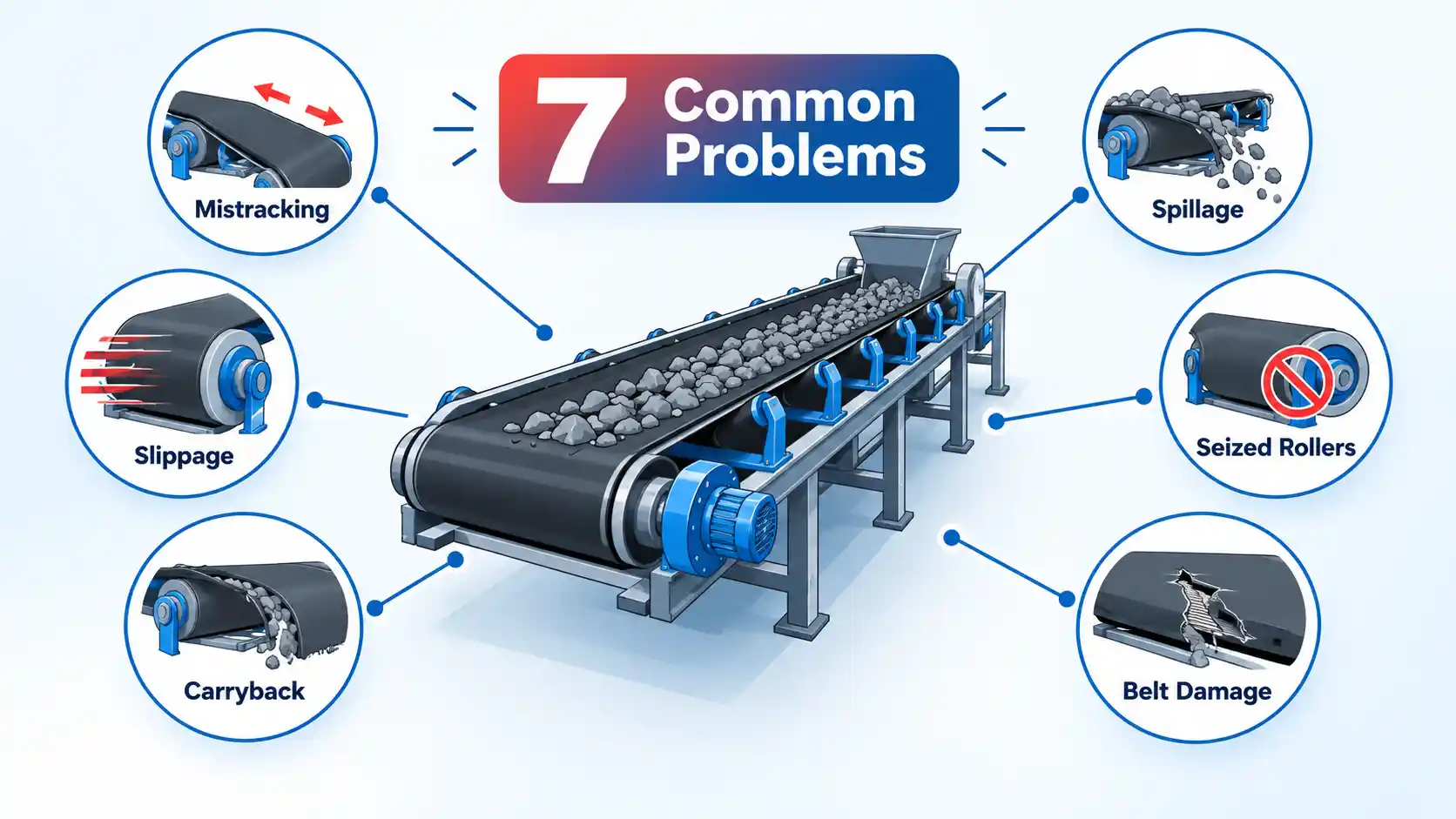 Conveyor with callouts for mistracking, slippage, carryback, spillage, seized rollers, and belt damage.