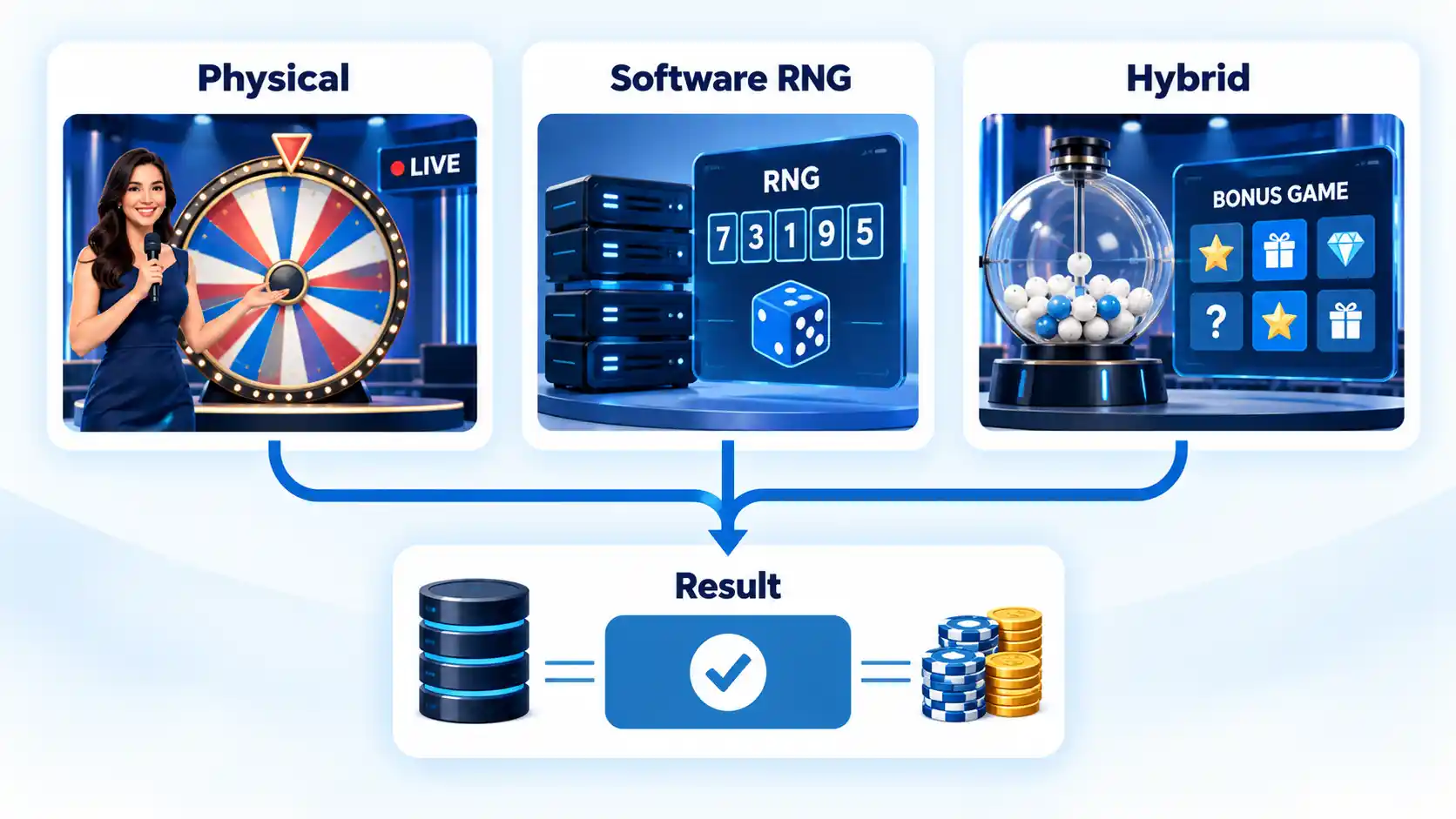 Physical wheel, Software RNG and Hybrid bonus paths converge on a verified Result and payout.
