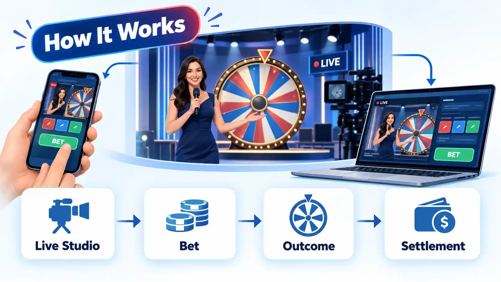 Live game-show studio links a wheel and host to phone and laptop, with Bet, Outcome and Settlement stages.