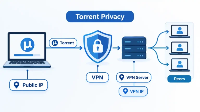 Torrent traffic passes through a VPN from a laptop to peers, replacing the public IP with a VPN server IP.