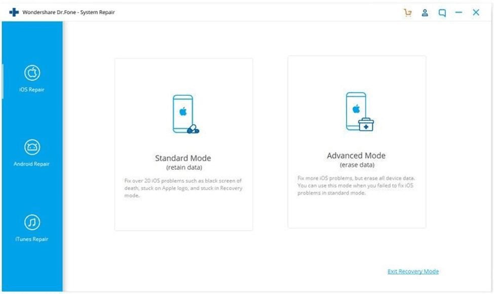 How to fix iPhone stuck in boot loop: Dr. Fone System Repair iOS Standard mode and Advanced mode