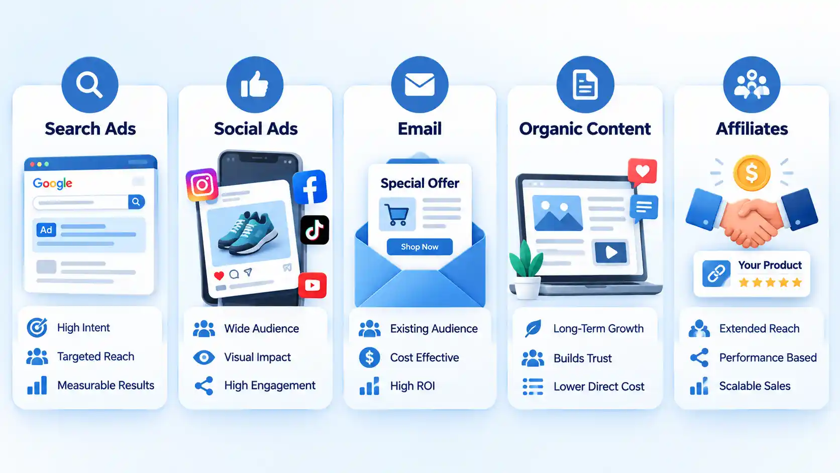 Five promotion cards compare Search Ads, Social Ads, Email, Organic Content, and Affiliates.
