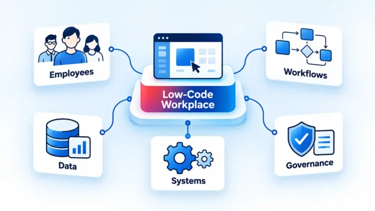 Low-Code Workplace hub connects Employees, Workflows, Data, Systems, and Governance cards.
