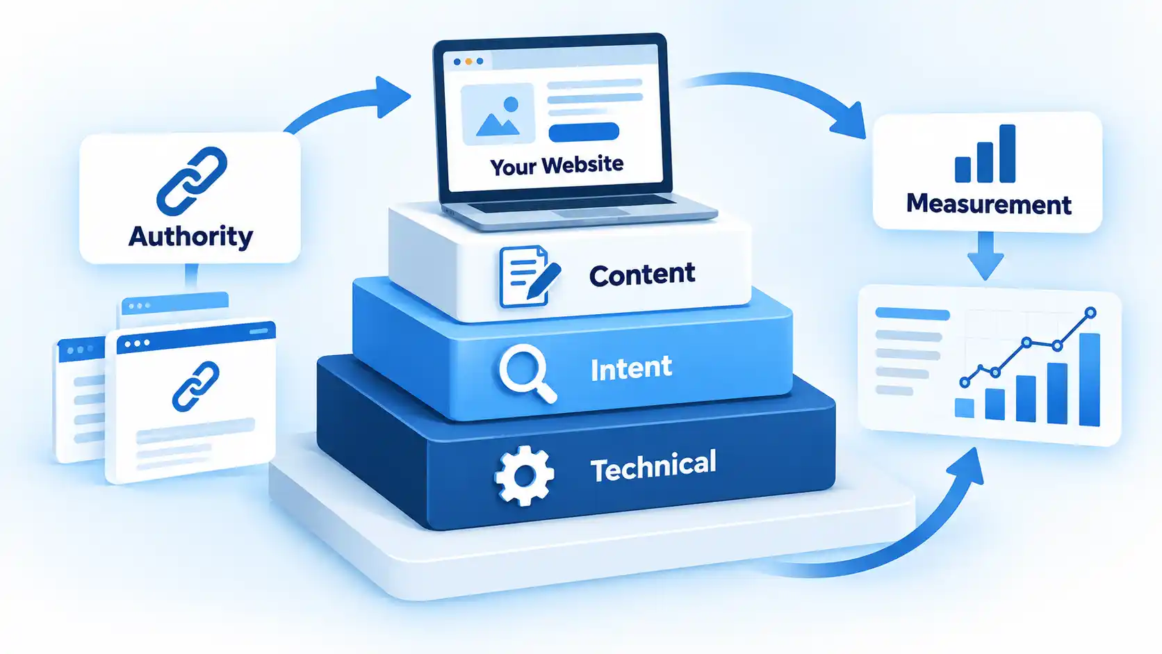 Layered SEO stack with Technical, Intent, and Content supporting a website, alongside Authority and Measurement