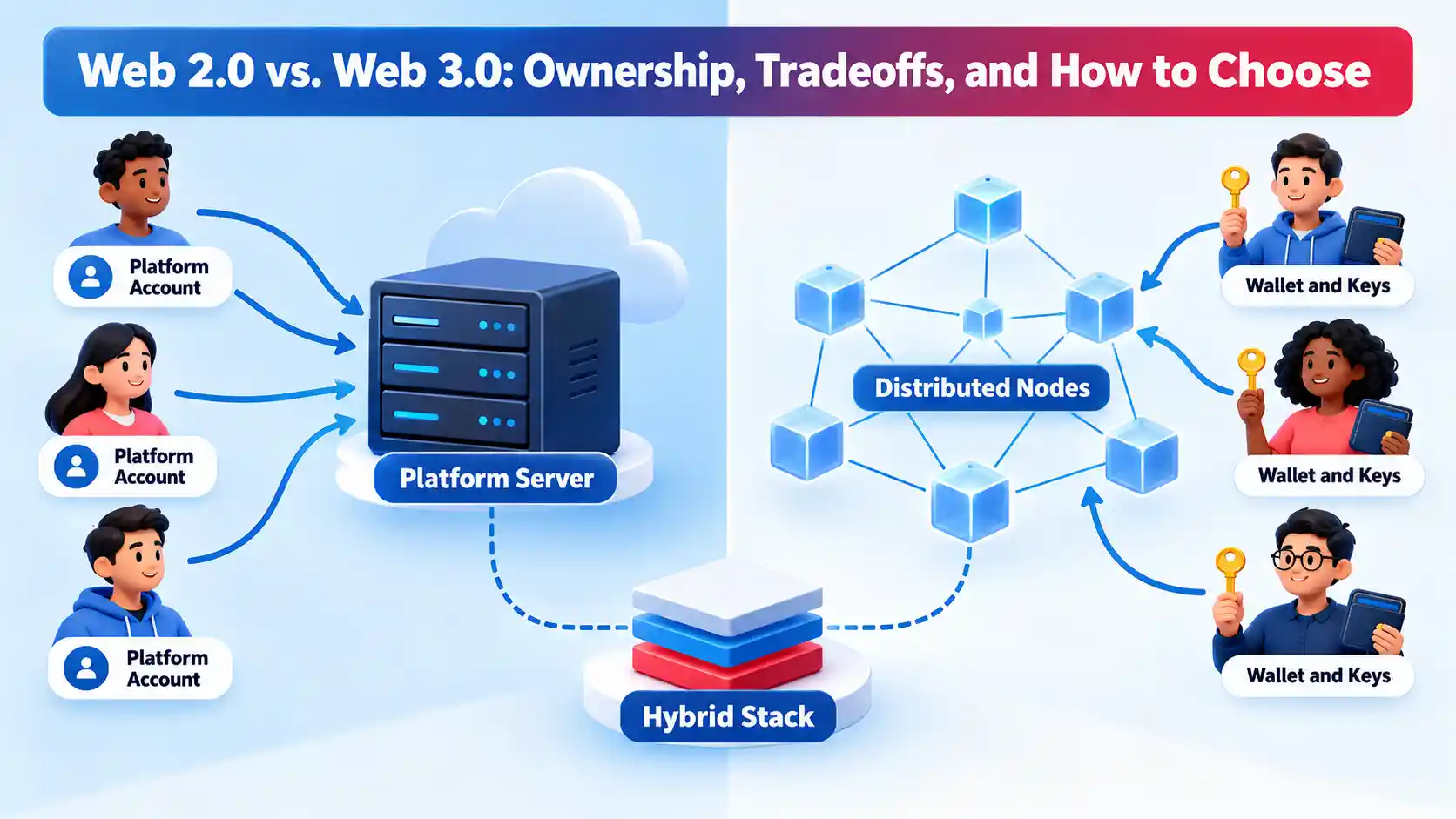 Platform accounts connect to a central server; wallet users link to distributed nodes, with a hybrid stack below.