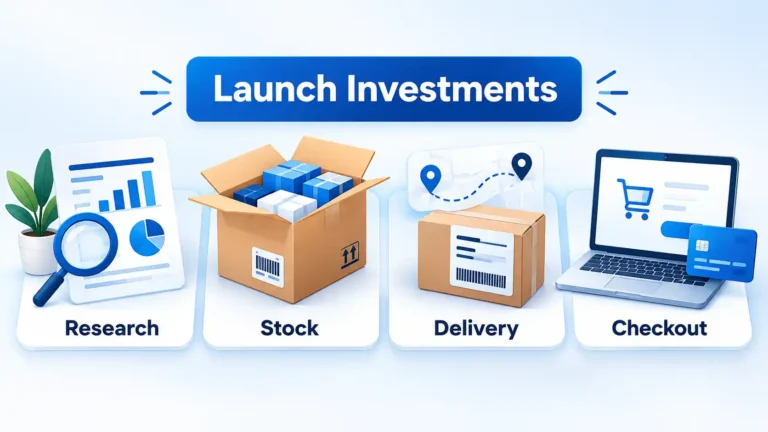 Ecommerce launch investments showing Research, Stock, Delivery, and Checkout cards beneath a Launch Investments banner.