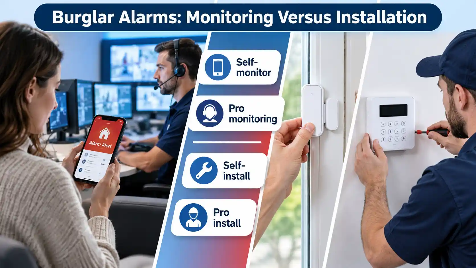 Homeowner with alarm phone alert, monitoring operator, door sensor and technician installing keypad, with four choice labels.