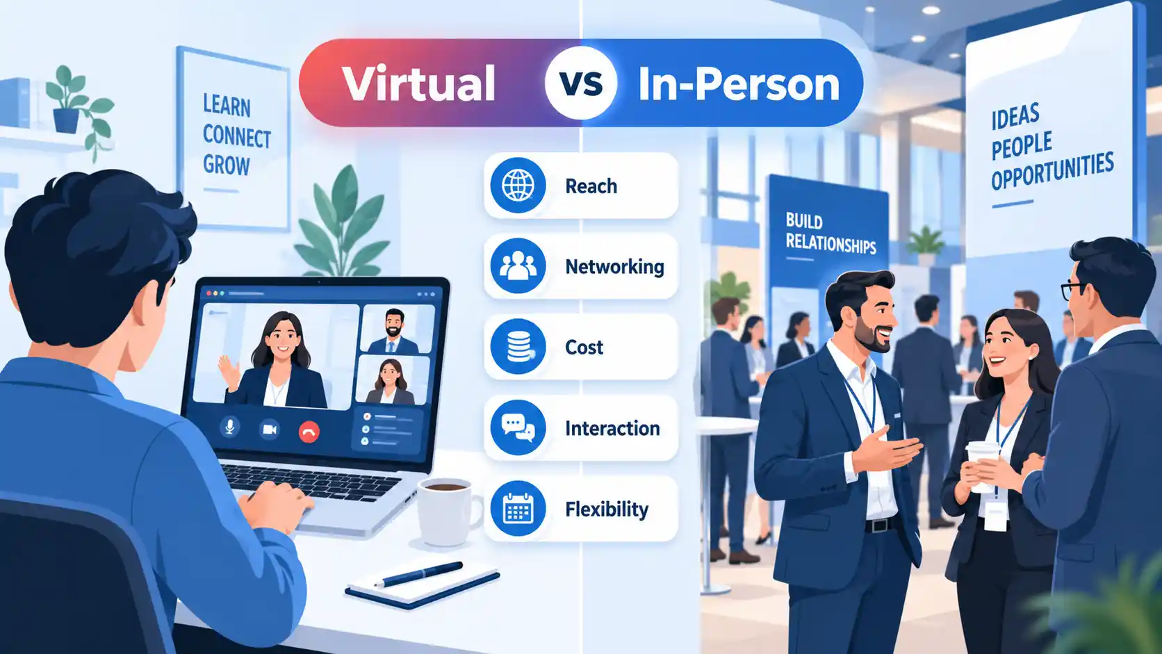 Virtual attendee on a laptop beside professionals networking, with Reach, Networking, Cost, Interaction and Flexibility.
