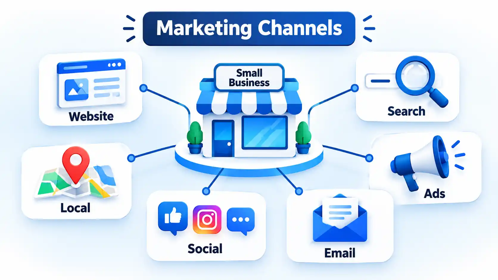 Small Business hub connected to Website, Search, Local, Social, Email and Ads under Marketing Channels.