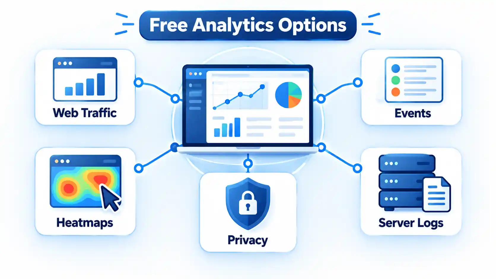 Free Analytics Options dashboard linked to Web Traffic, Events, Heatmaps, Privacy and Server Logs.