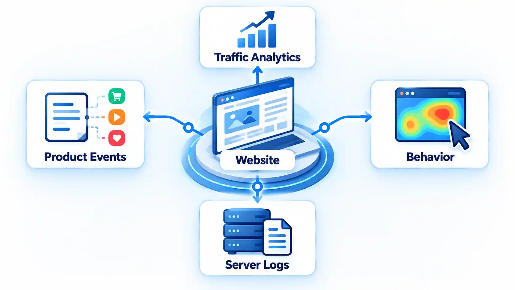 Website hub routes data to Traffic Analytics, Product Events, Behavior and Server Logs.