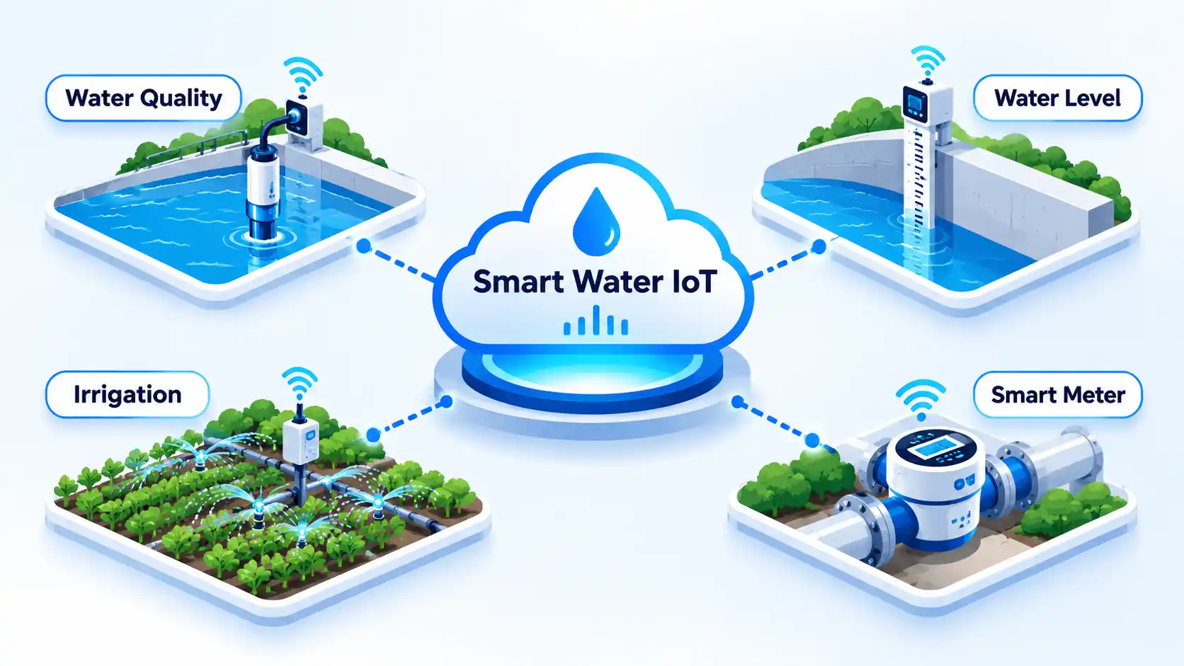 Smart Water IoT hub linked to Water Quality, Water Level, Irrigation and Smart Meter monitoring systems.