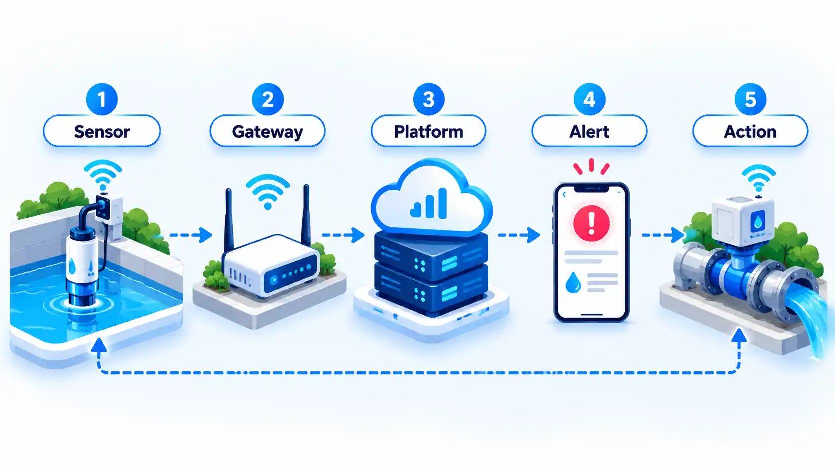 Five-step water IoT flow labeled Sensor, Gateway, Platform, Alert and Action, with connected devices.