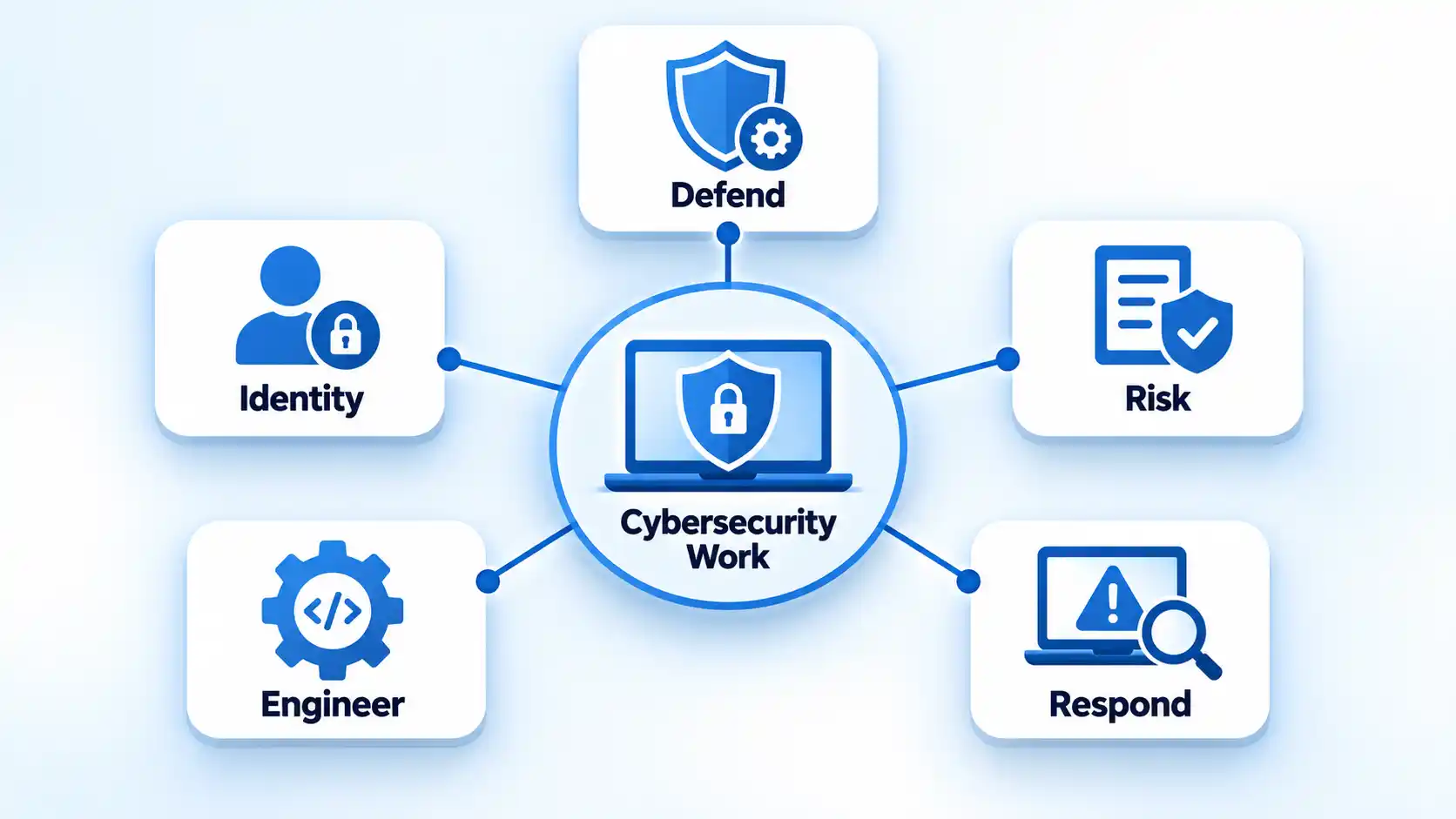 Cybersecurity Work hub connected to Defend, Identity, Risk, Engineer, and Respond cards.