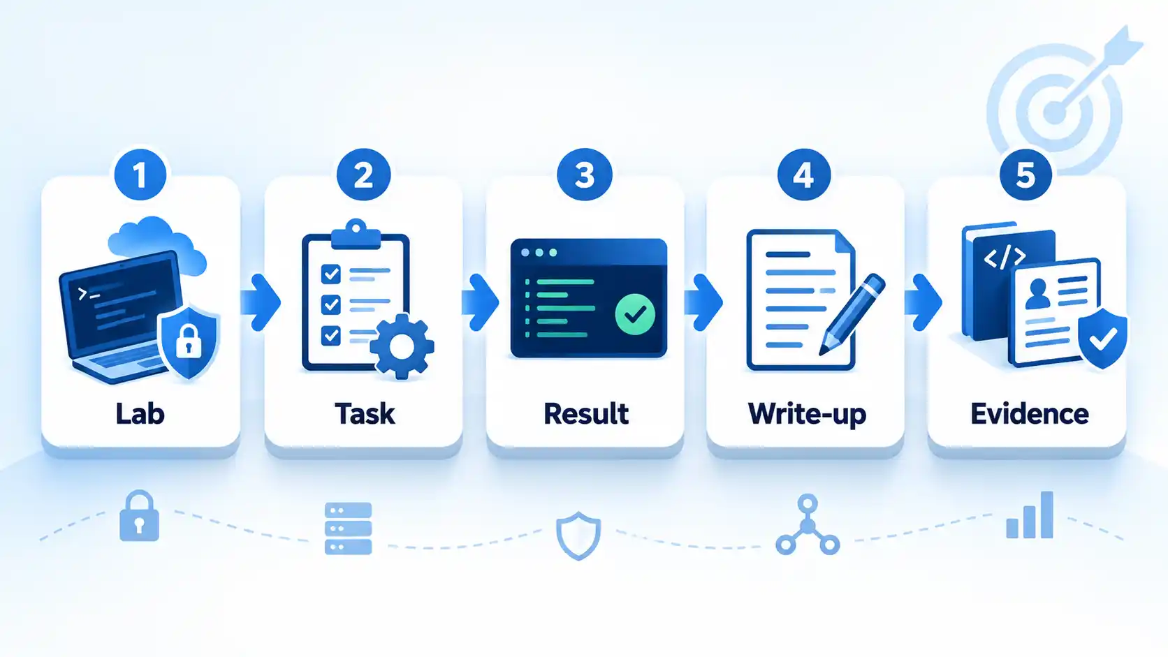 Five-step cybersecurity workflow showing Lab, Task, Result, Write-up, and Evidence cards linked by arrows.