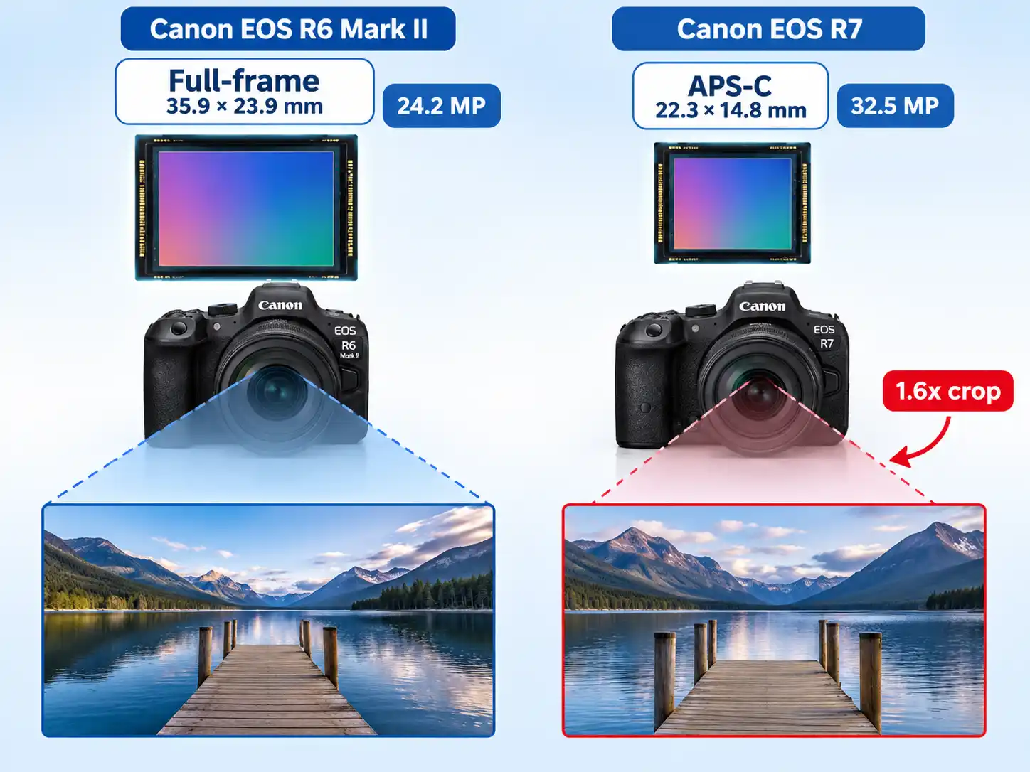 R6 Mark II full-frame 24.2 MP and R7 APS-C 32.5 MP sensors with field-of-view cones and landscape crops.