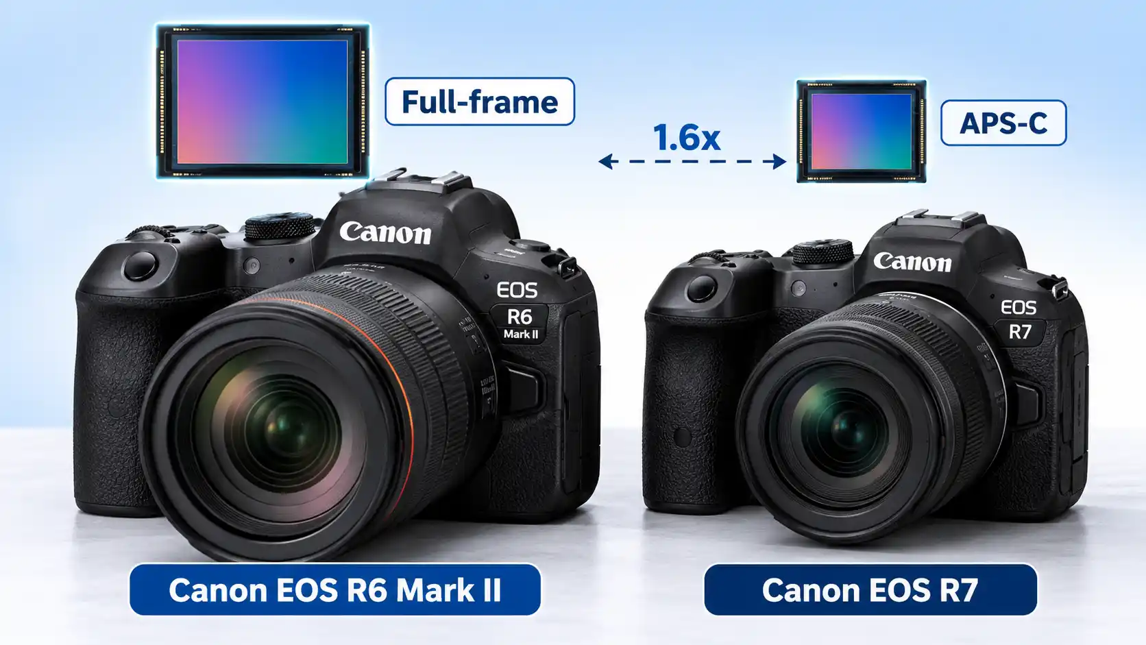 Canon EOS R6 Mark II and EOS R7 cameras side by side, with full-frame and APS-C sensor graphics and a 1.6x label.