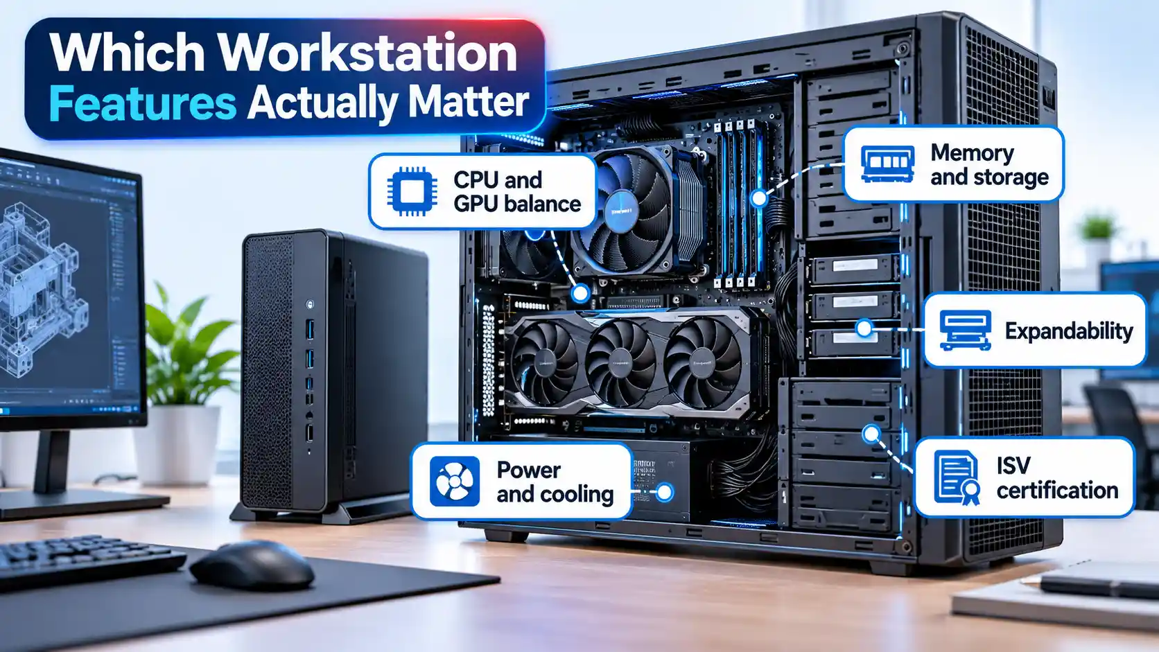 Open workstation tower and mini PC with labels for CPU/GPU balance, memory, expandability, ISV certification, and cooling.