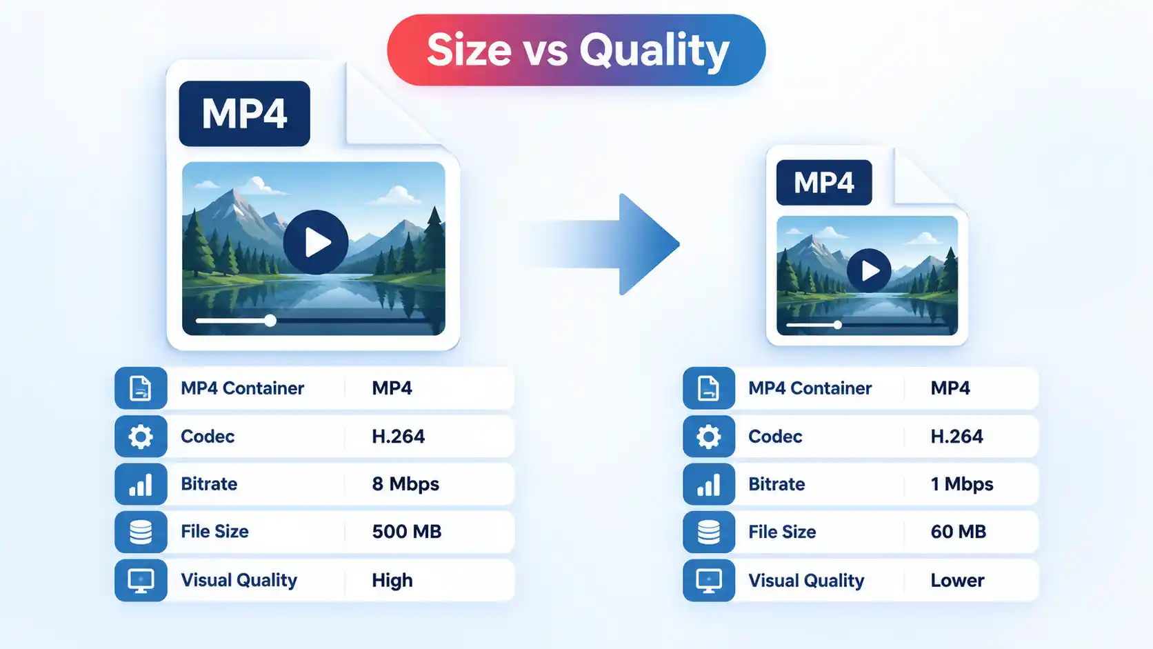 Original and smaller MP4 files compared by container, codec, bitrate, file size, and visual quality