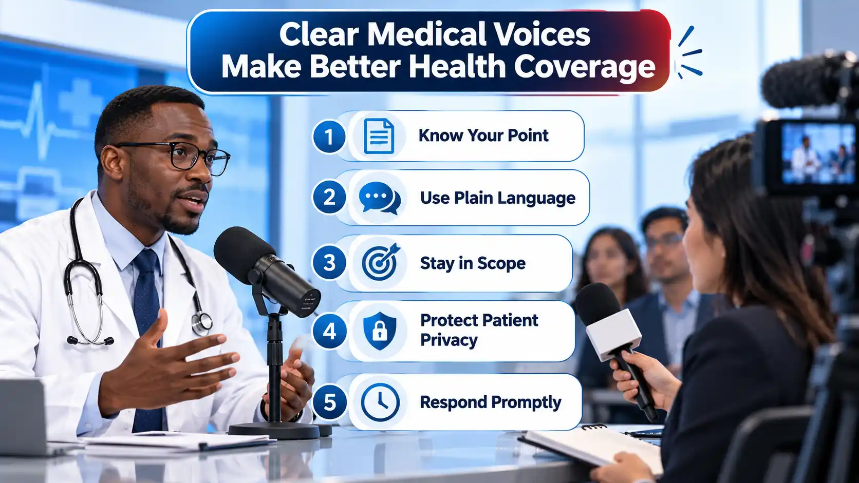 Doctor speaks to a reporter beside five media tips: know your point, plain language, scope, privacy, and promptness.