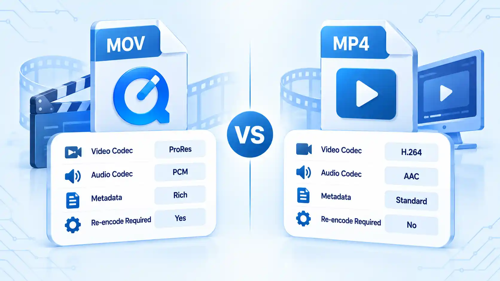 MOV and MP4 cards compare Video Codec, Audio Codec, Metadata, and Re-encode Required attributes.